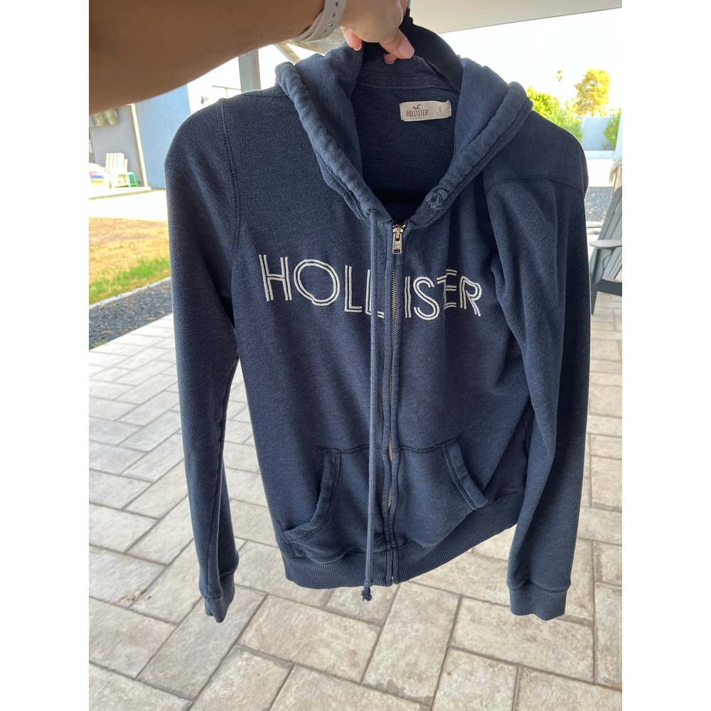 Hollister Navy Blue Zip Up Hoodie Embroidered Logo Sweatshirt Y2K Sporty L
